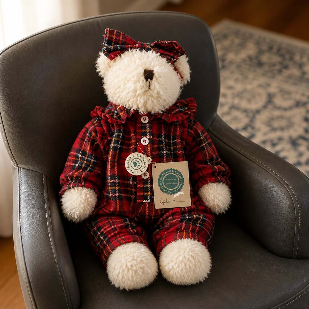 Vintage 1985 - 1996 Boyds Bears Collectible Ophelia in Red Plaid PJ's 17”